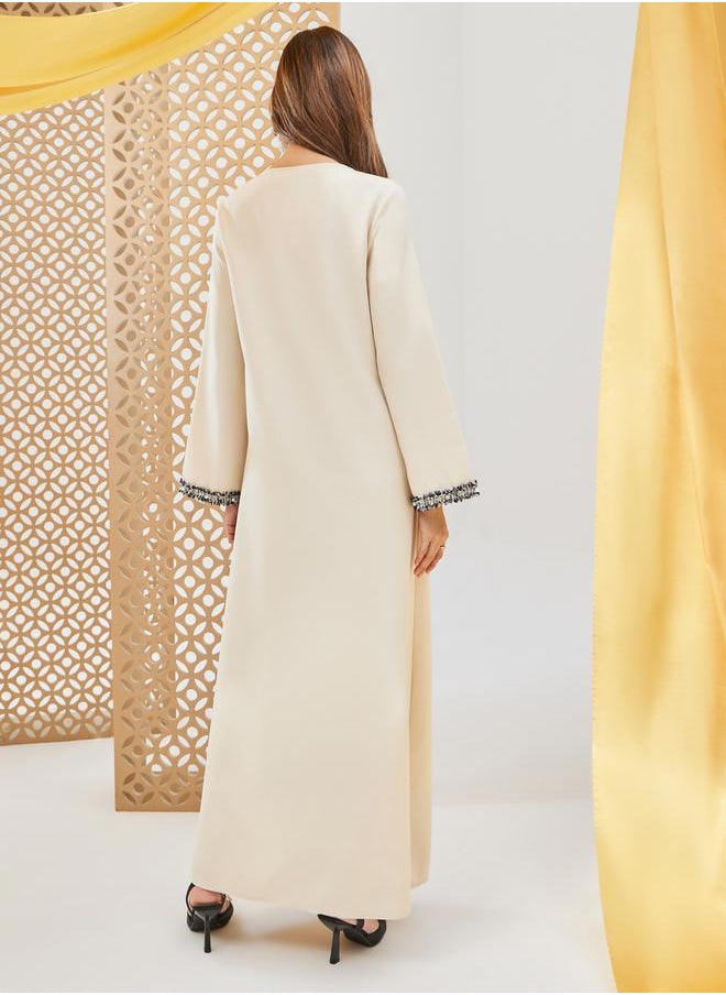 Solid Tweed Lace Detail A-Line Jalabiya