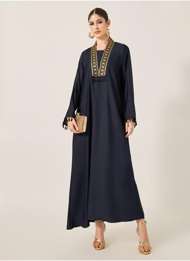 Lace Detail V-Neck Flared Jalabyia with Tassels Detail