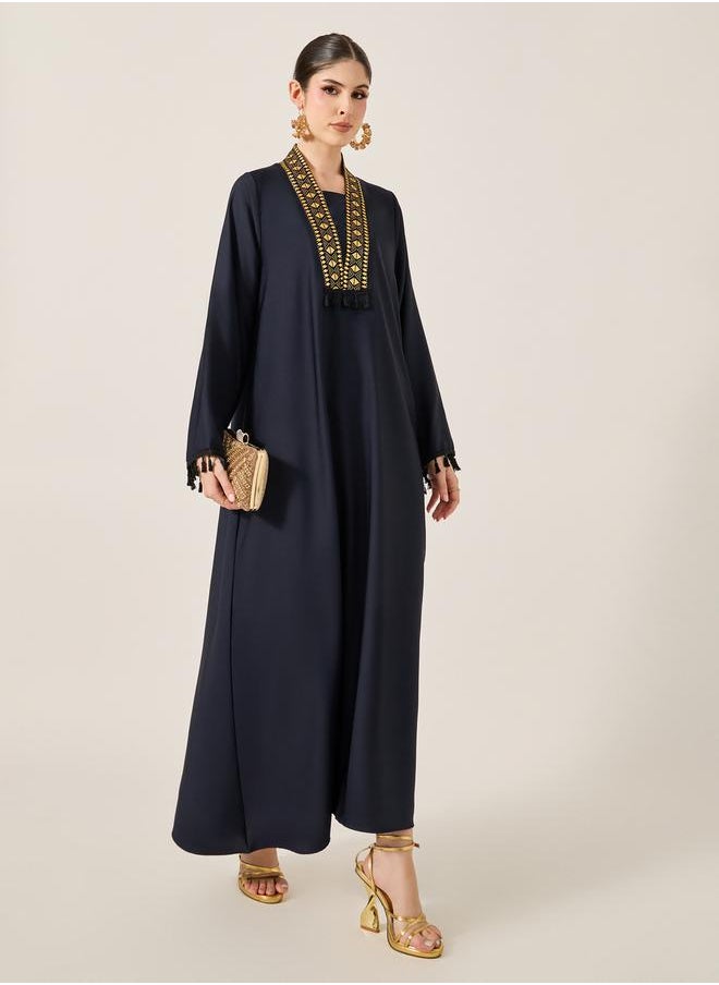Lace Detail V-Neck Flared Jalabyia with Tassels Detail