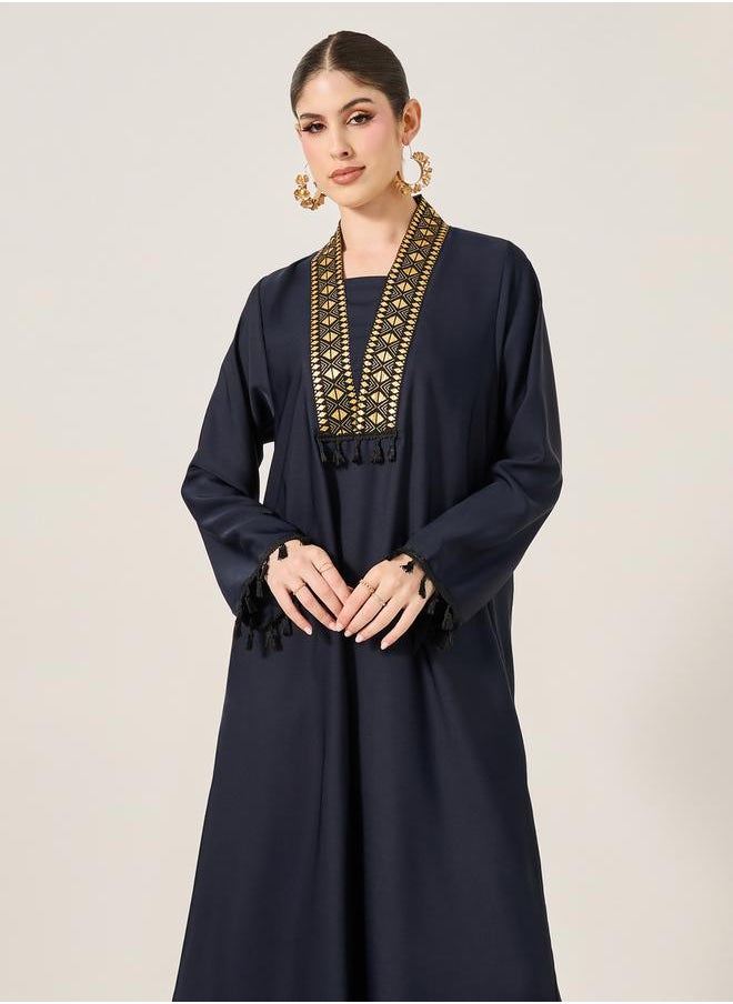 Lace Detail V-Neck Flared Jalabyia with Tassels Detail