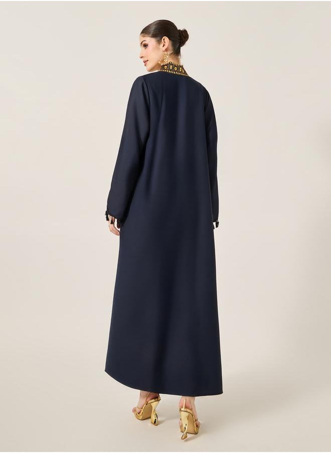 Lace Detail V-Neck Flared Jalabyia with Tassels Detail