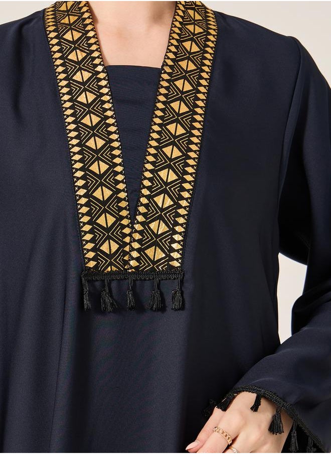 Lace Detail V-Neck Flared Jalabyia with Tassels Detail