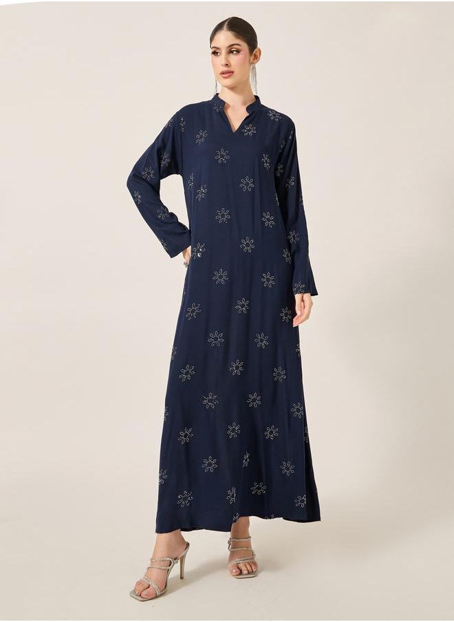 Embellished Stand Collar Waist Tie-Up Jalabyia