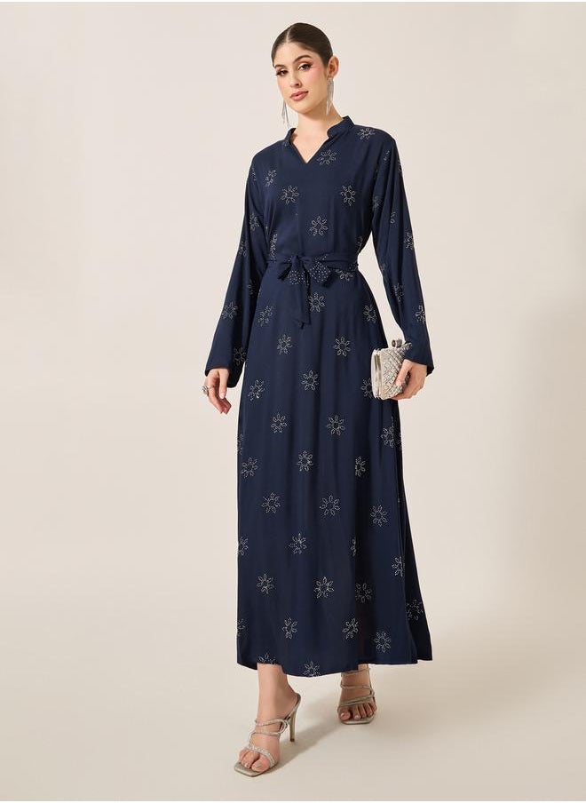 Embellished Stand Collar Waist Tie-Up Jalabyia