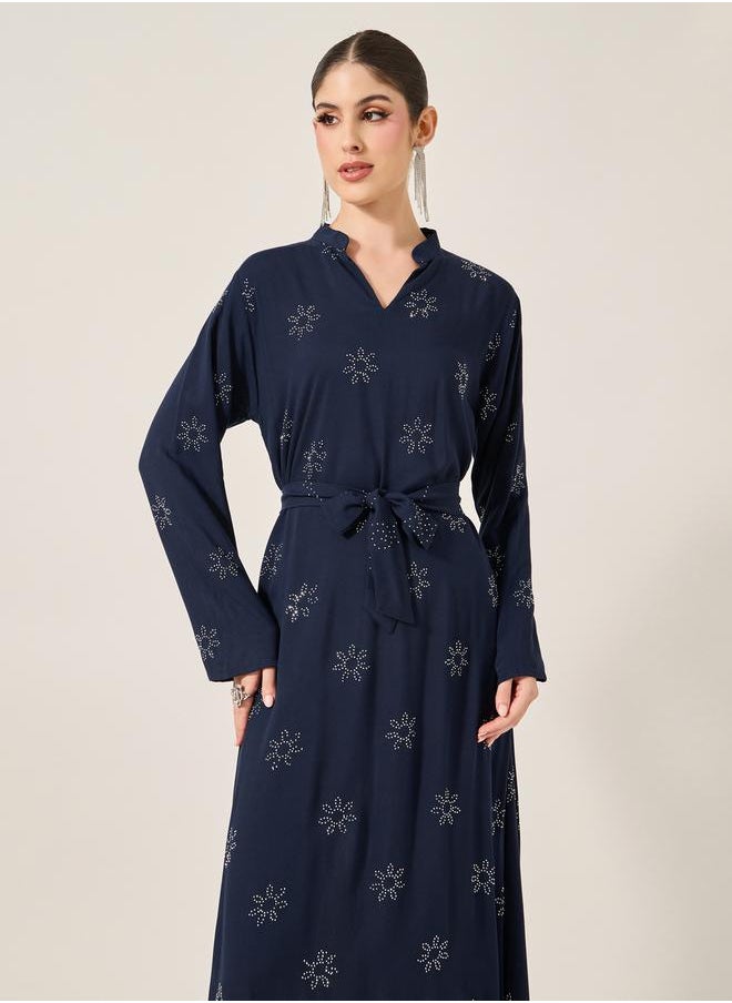 Embellished Stand Collar Waist Tie-Up Jalabyia