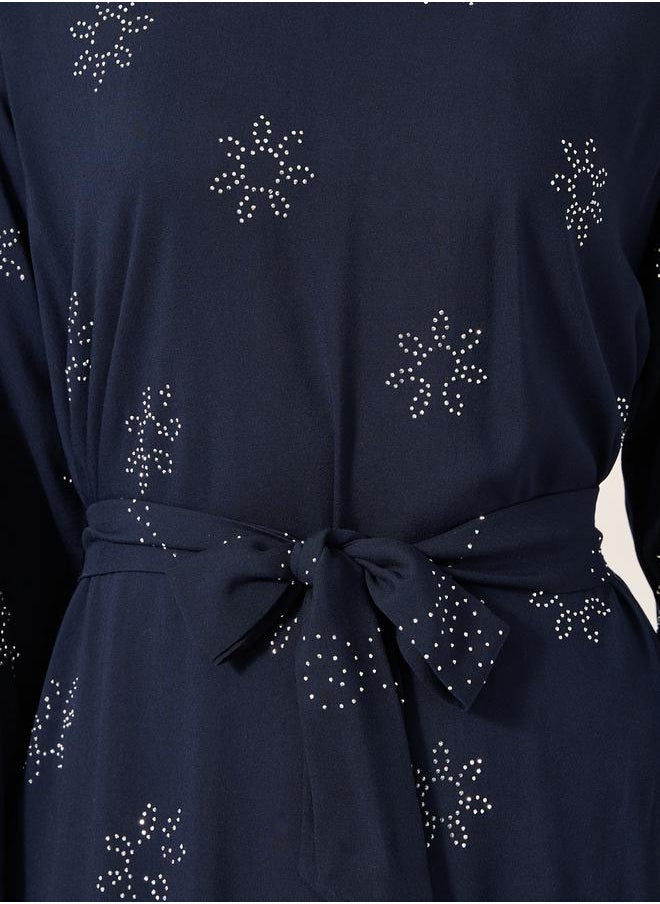 Embellished Stand Collar Waist Tie-Up Jalabyia
