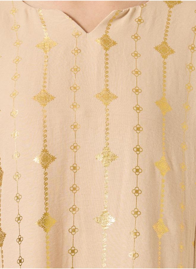 Foil Print Notch Neck A-Line Jalabiya