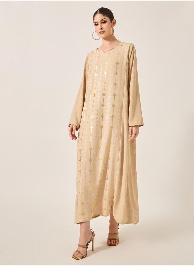 Foil Print Notch Neck A-Line Jalabiya