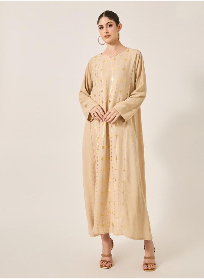 Foil Print Notch Neck A-Line Jalabiya