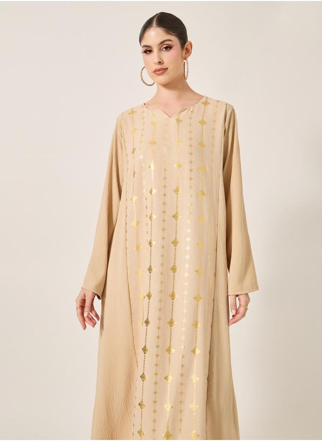 Foil Print Notch Neck A-Line Jalabiya