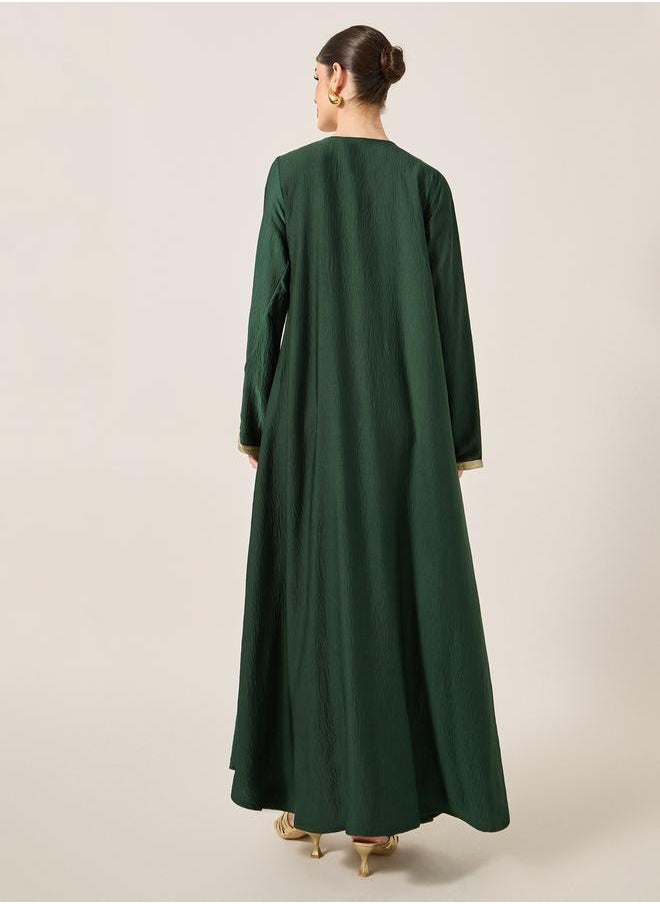 Lace Insert Notch Neck Belted Flared Jalabyia