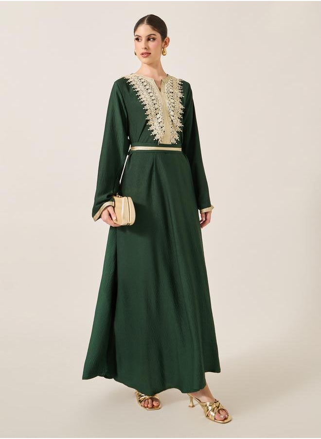 Lace Insert Notch Neck Belted Flared Jalabyia