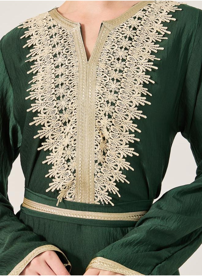 Lace Insert Notch Neck Belted Flared Jalabyia