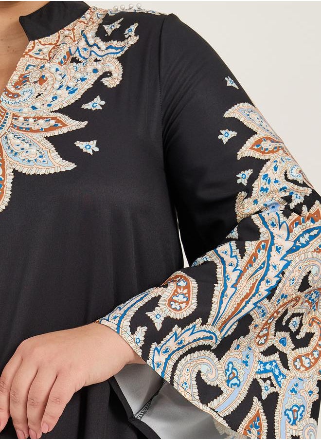 Plus Size Stand Collar Printed A-Line Jalabyia