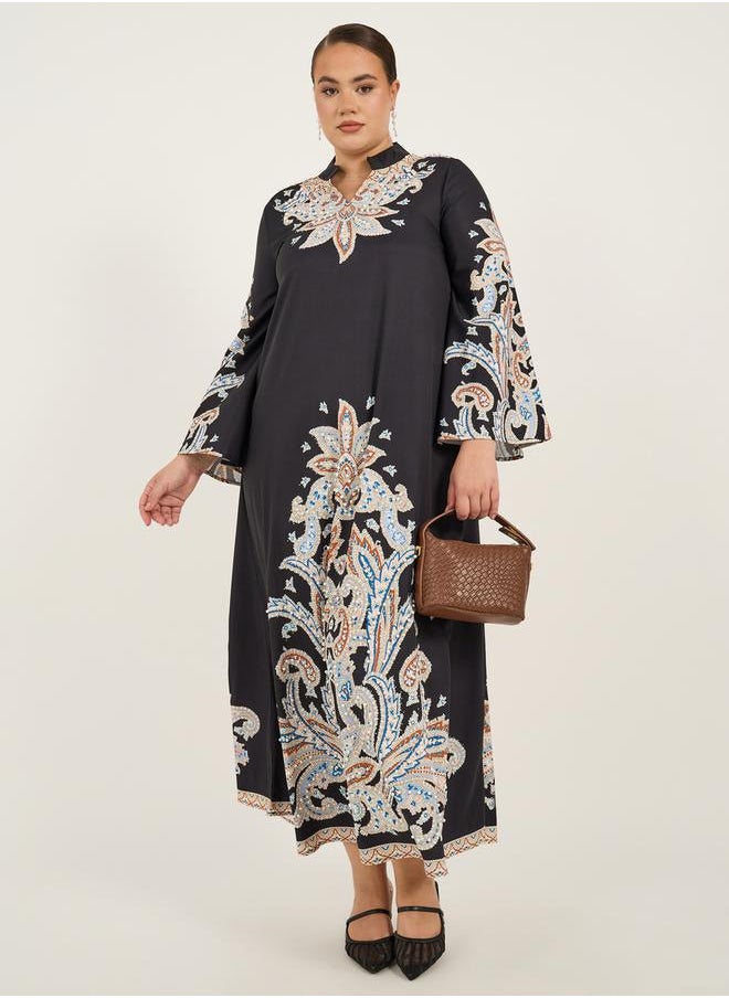 Plus Size Stand Collar Printed A-Line Jalabyia