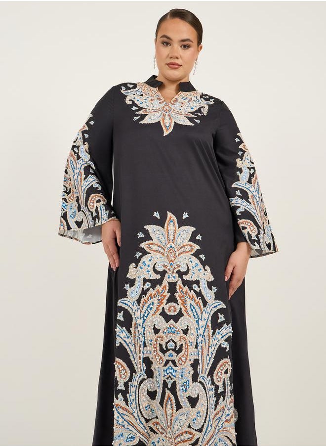 Plus Size Stand Collar Printed A-Line Jalabyia