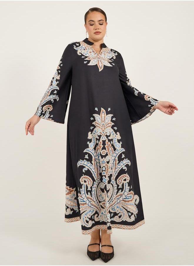 Plus Size Stand Collar Printed A-Line Jalabyia