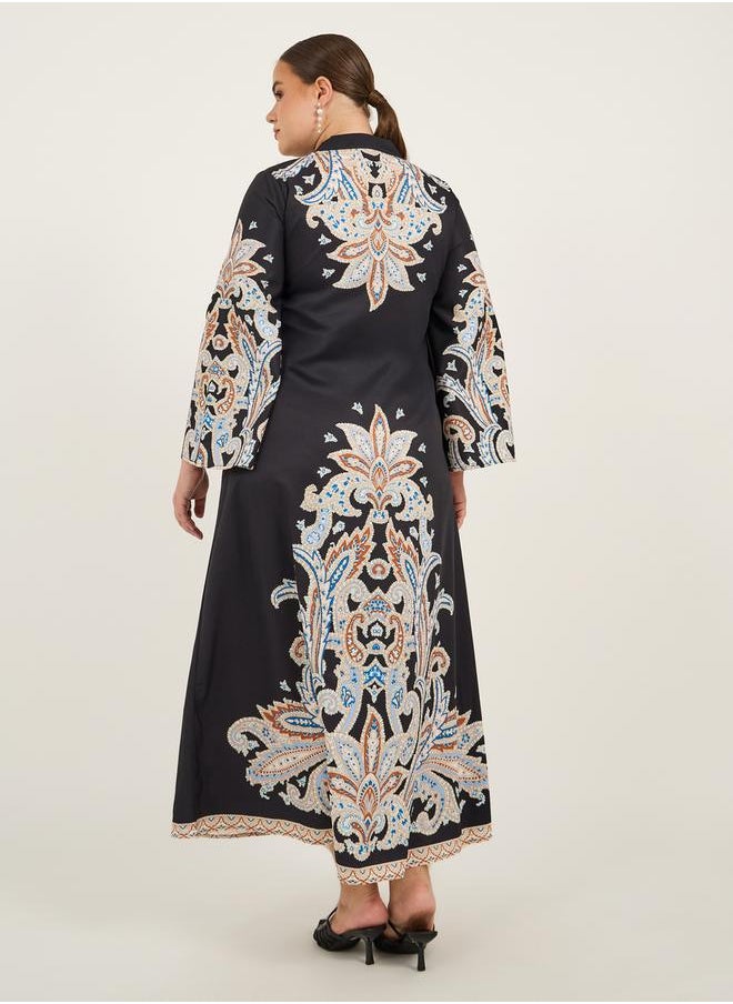 Plus Size Stand Collar Printed A-Line Jalabyia