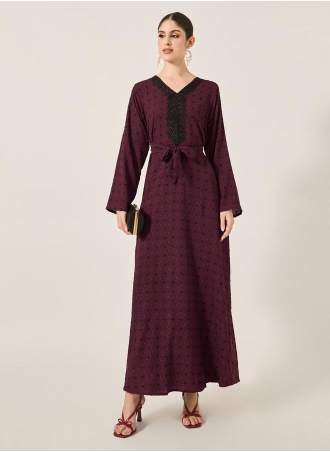 Dobby Lace Detail V-Neck Belted A-Line Jalabyia