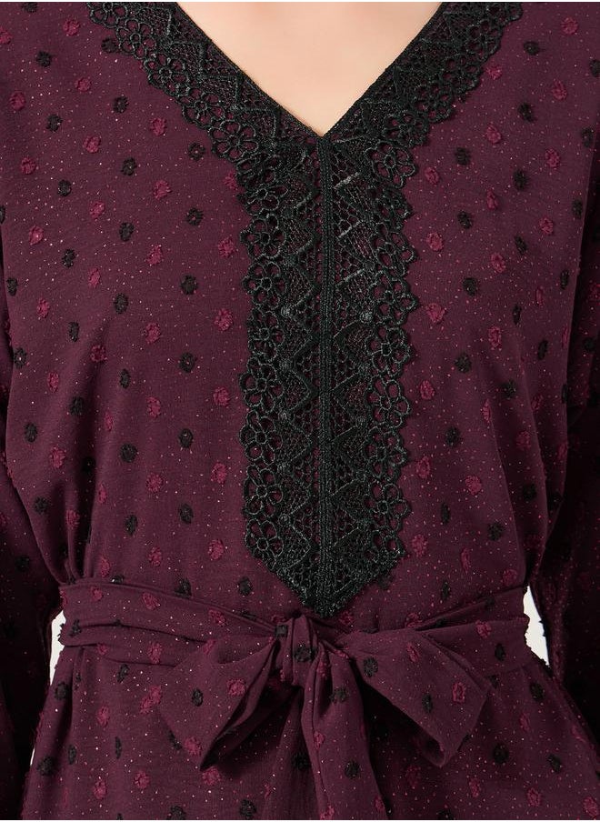 Dobby Lace Detail V-Neck Belted A-Line Jalabyia