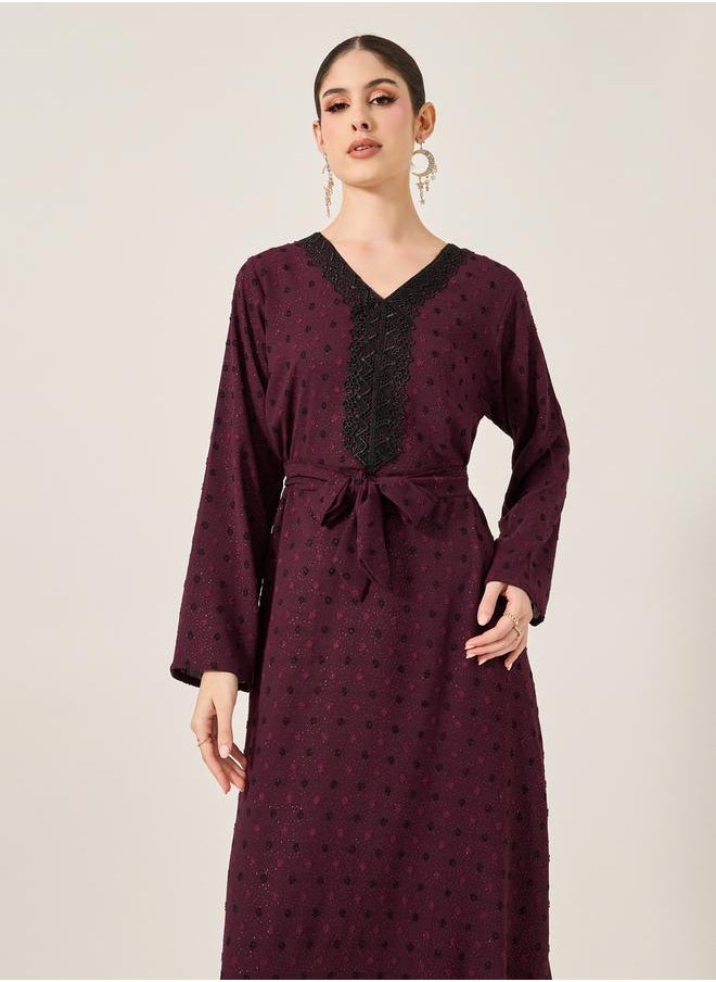 Dobby Lace Detail V-Neck Belted A-Line Jalabyia