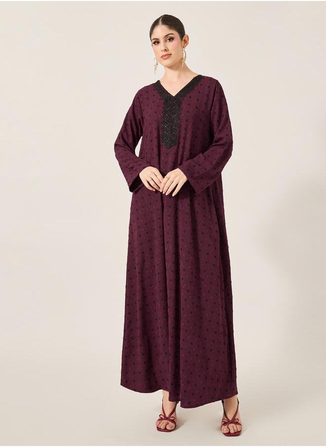 Dobby Lace Detail V-Neck Belted A-Line Jalabyia
