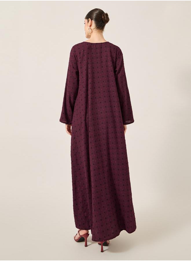 Dobby Lace Detail V-Neck Belted A-Line Jalabyia