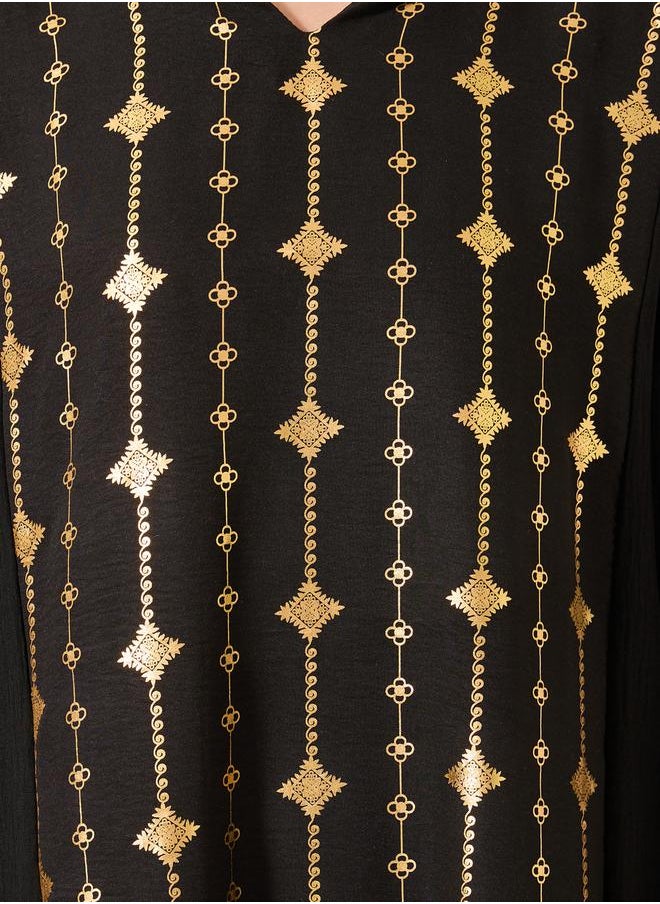 Foil Print Notch Neck A-Line Jalabiya