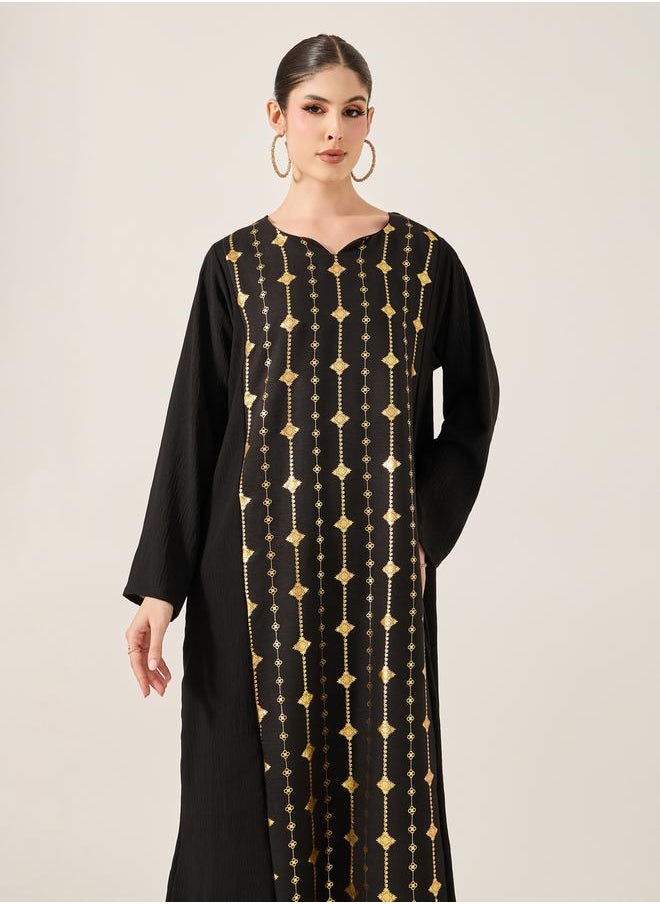 Foil Print Notch Neck A-Line Jalabiya