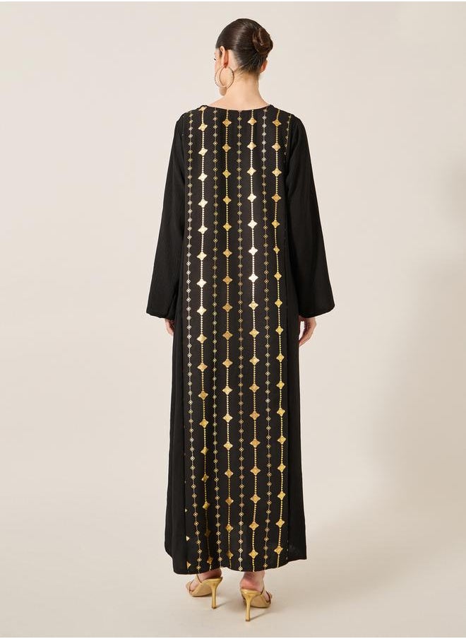 Foil Print Notch Neck A-Line Jalabiya