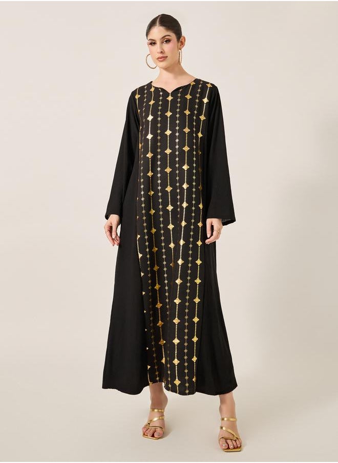 Foil Print Notch Neck A-Line Jalabiya