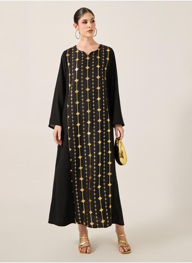 Foil Print Notch Neck A-Line Jalabiya