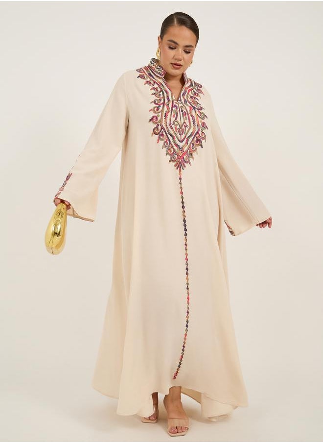 Plus Size Stand Collar Embroidered A-Line Jalabyia