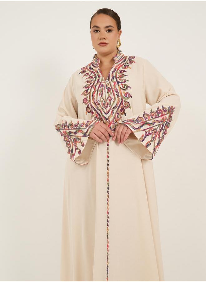 Plus Size Stand Collar Embroidered A-Line Jalabyia