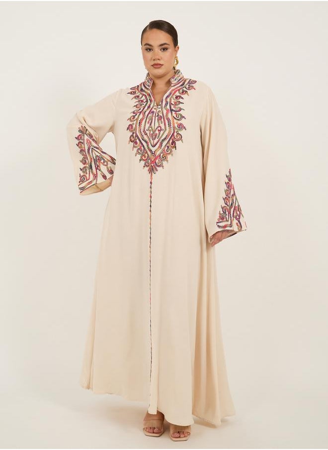 Plus Size Stand Collar Embroidered A-Line Jalabyia