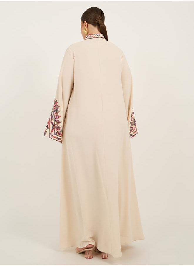 Plus Size Stand Collar Embroidered A-Line Jalabyia
