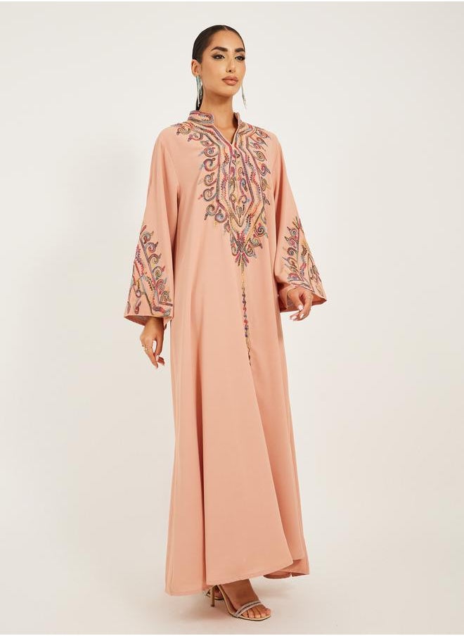 Embroidered Stand Collar A-Line Jalabiya