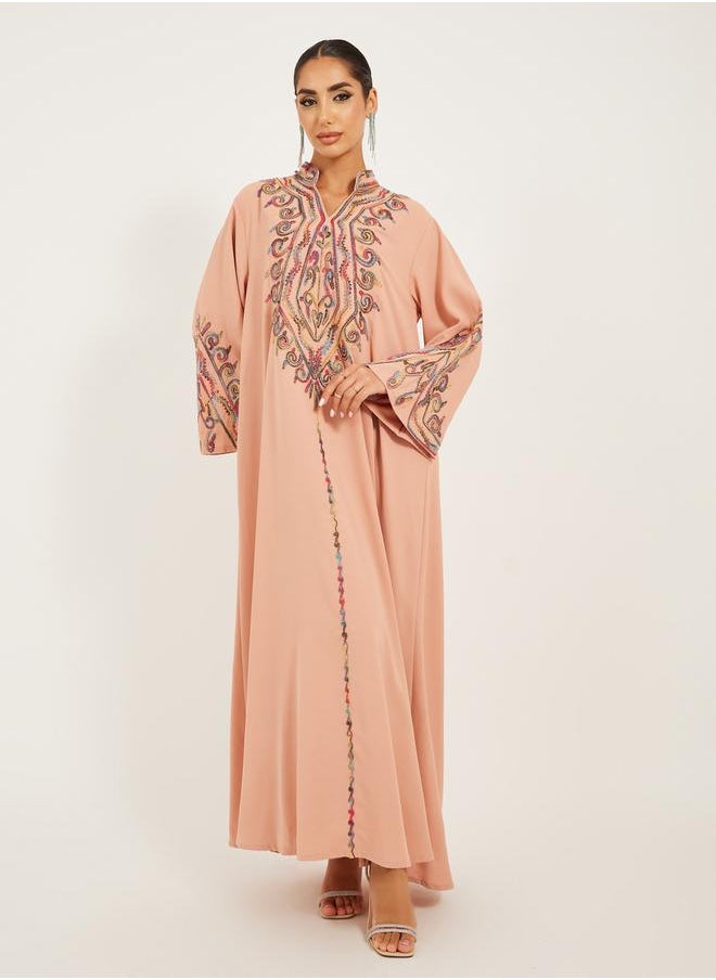 Embroidered Stand Collar A-Line Jalabiya