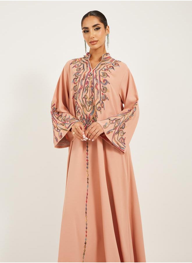 Embroidered Stand Collar A-Line Jalabiya