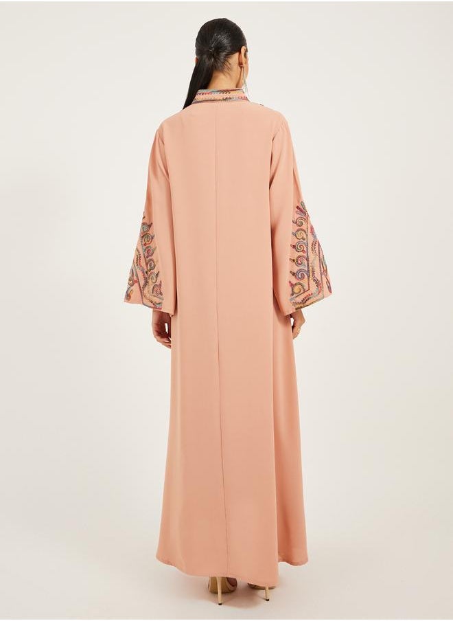 Embroidered Stand Collar A-Line Jalabiya