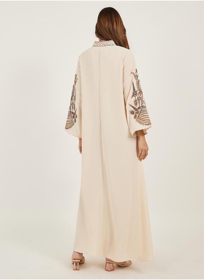Cream Embroidered Stand Collar Jalabiya