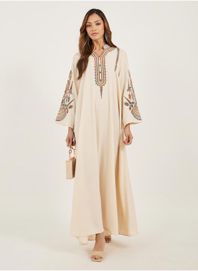 Cream Embroidered Stand Collar Jalabiya