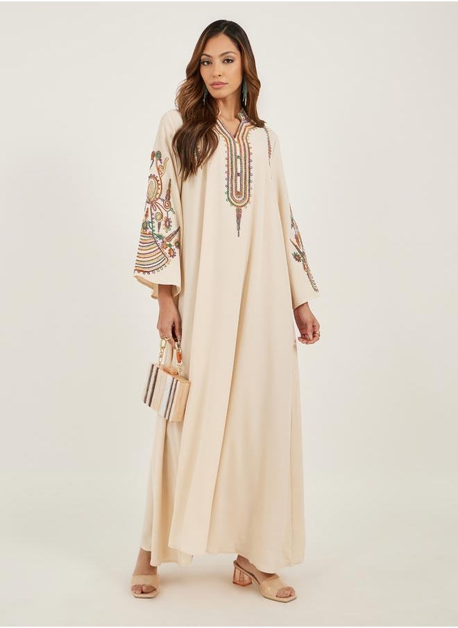 Cream Embroidered Stand Collar Jalabiya