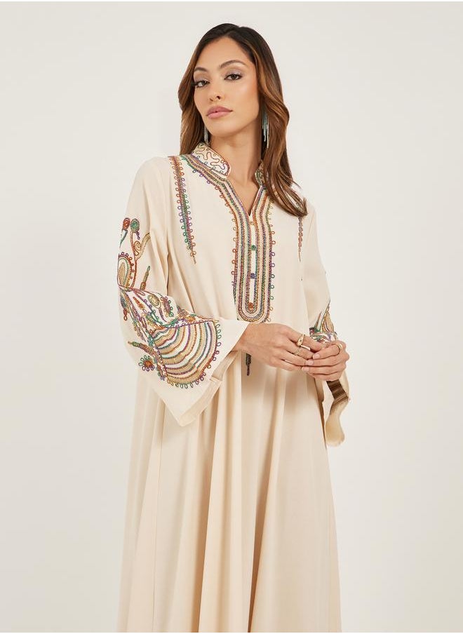 Cream Embroidered Stand Collar Jalabiya
