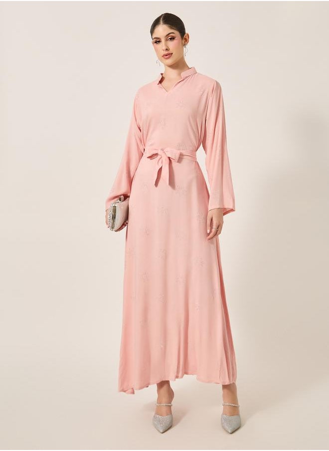 Embellished Stand Collar Waist Tie-Up Jalabyia