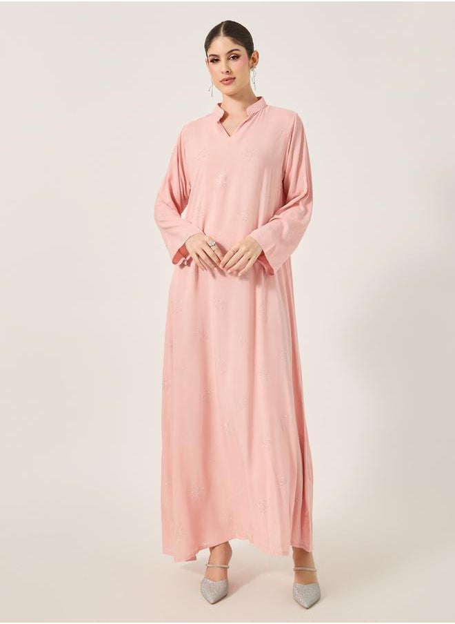 Embellished Stand Collar Waist Tie-Up Jalabyia