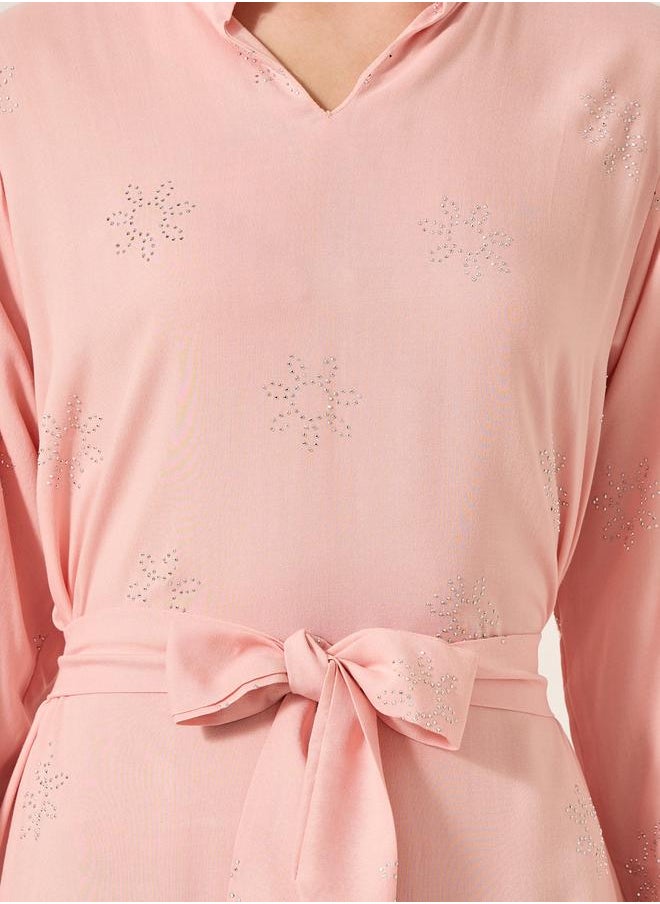 Embellished Stand Collar Waist Tie-Up Jalabyia