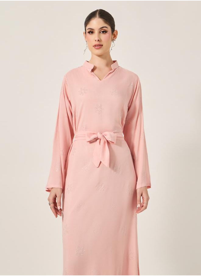 Embellished Stand Collar Waist Tie-Up Jalabyia