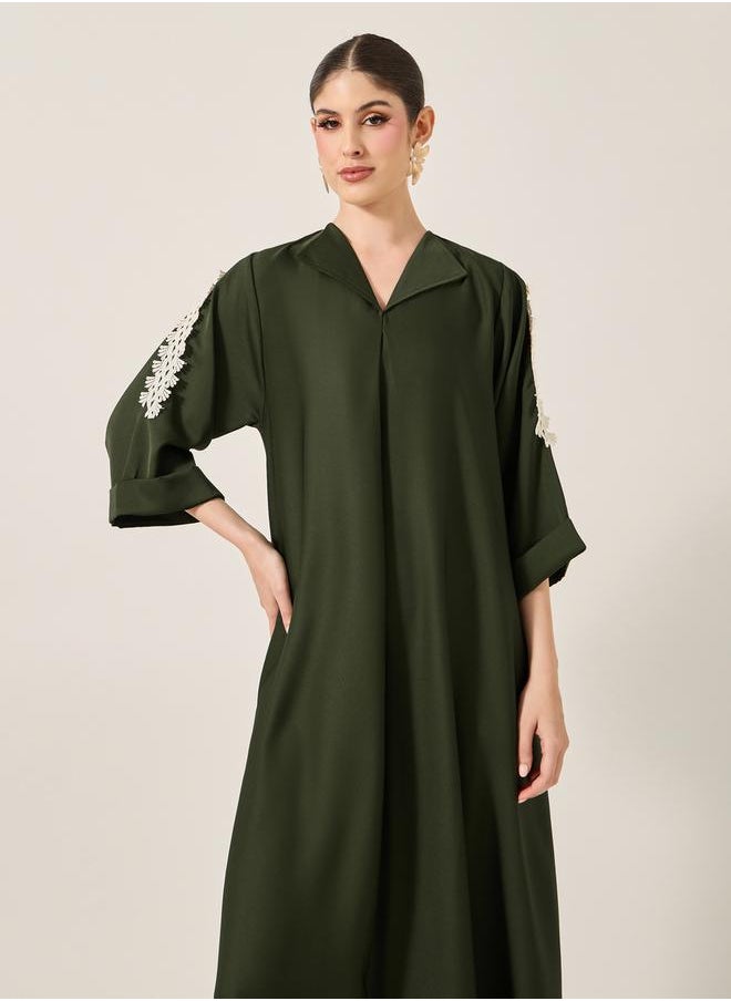 Lace Detail Embroidered A-Line Belted Jalabyia