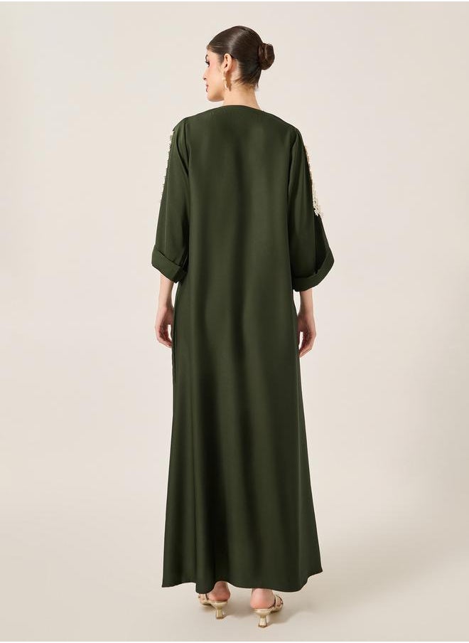 Lace Detail Embroidered A-Line Belted Jalabyia